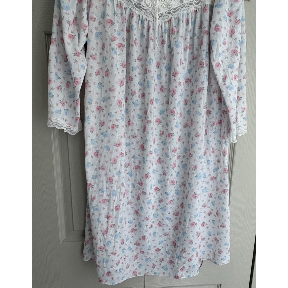 Vintage Miss Elaine Nightgown Floral Lace Cotton Balloon‎ Sleeve Large Flawed - Picture 2 of 12